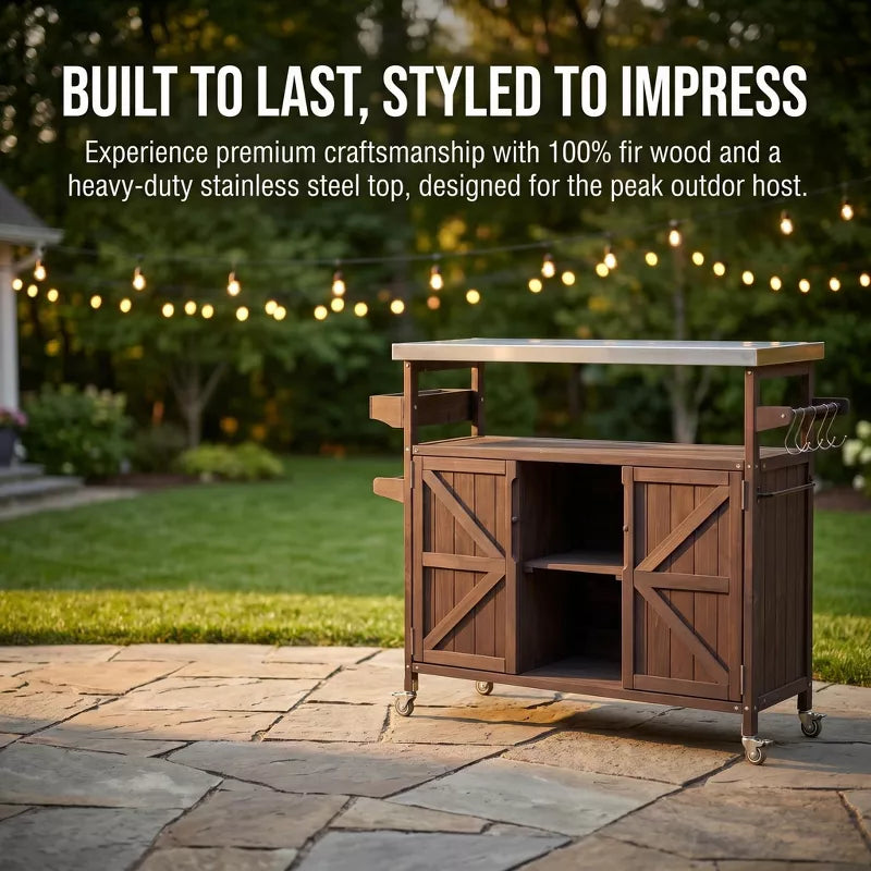 Outdoor Kitchen Island Stainless Steel Grill Prep Table BBQ Cart with Wheels