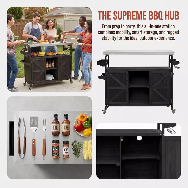 Outdoor Kitchen Island Stainless Steel Grill Prep Table BBQ Cart with Wheels