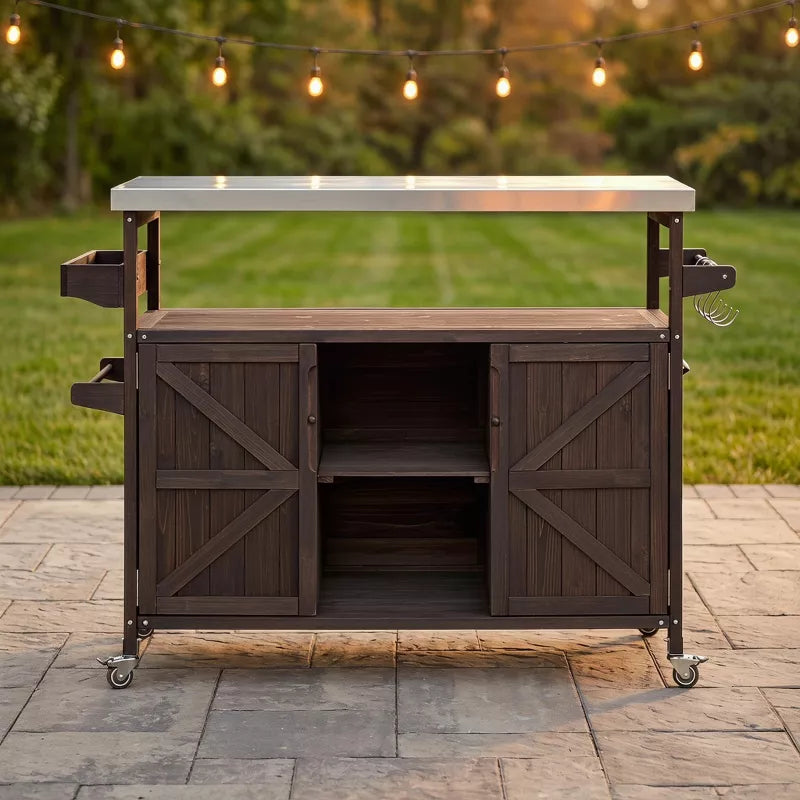 Outdoor Kitchen Island Stainless Steel Grill Prep Table BBQ Cart with Wheels