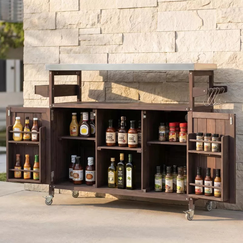 Outdoor Kitchen Island Stainless Steel Grill Prep Table BBQ Cart with Wheels