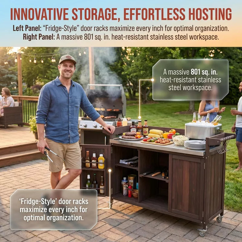 Outdoor Kitchen Island Stainless Steel Grill Prep Table BBQ Cart with Wheels