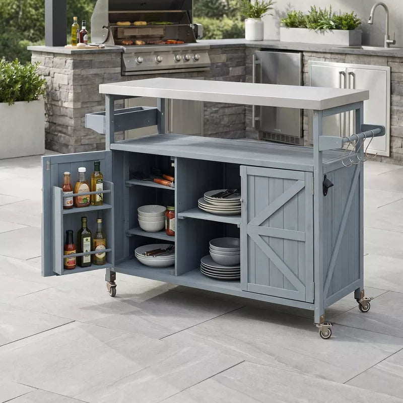 Outdoor Kitchen Island Stainless Steel Grill Prep Table BBQ Cart with Wheels