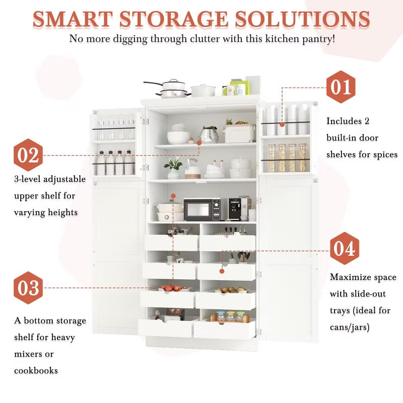 Freestanding Kitchen Pantry Cabinet with 8 Pull-Out Trays