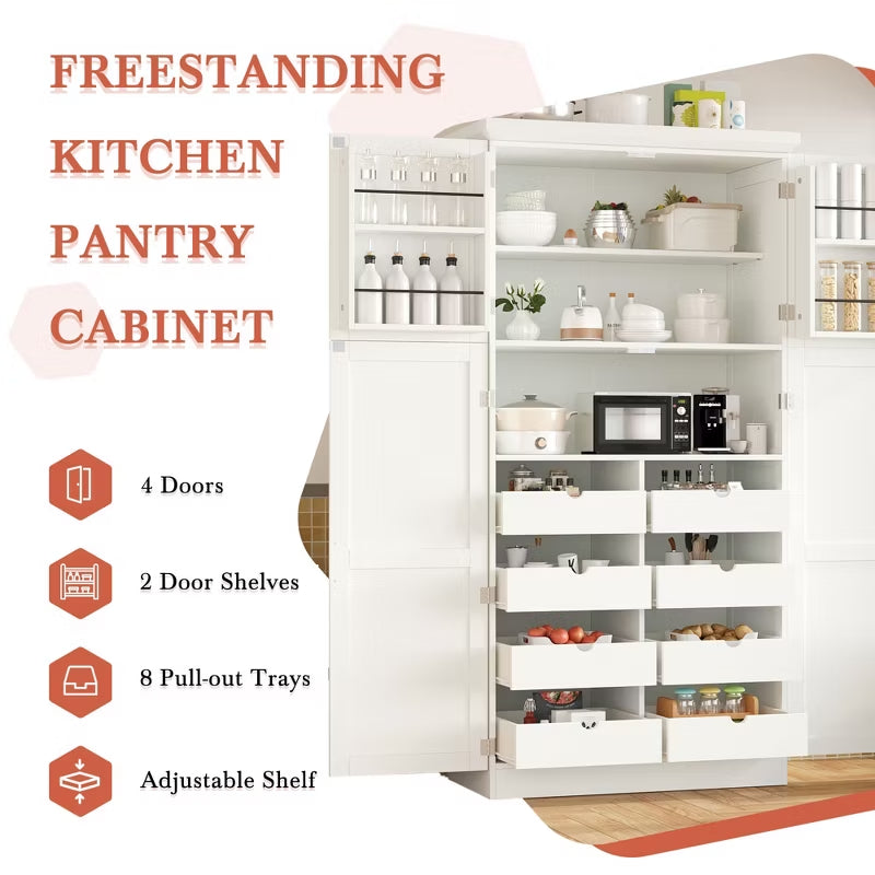 Freestanding Kitchen Pantry Cabinet with 8 Pull-Out Trays