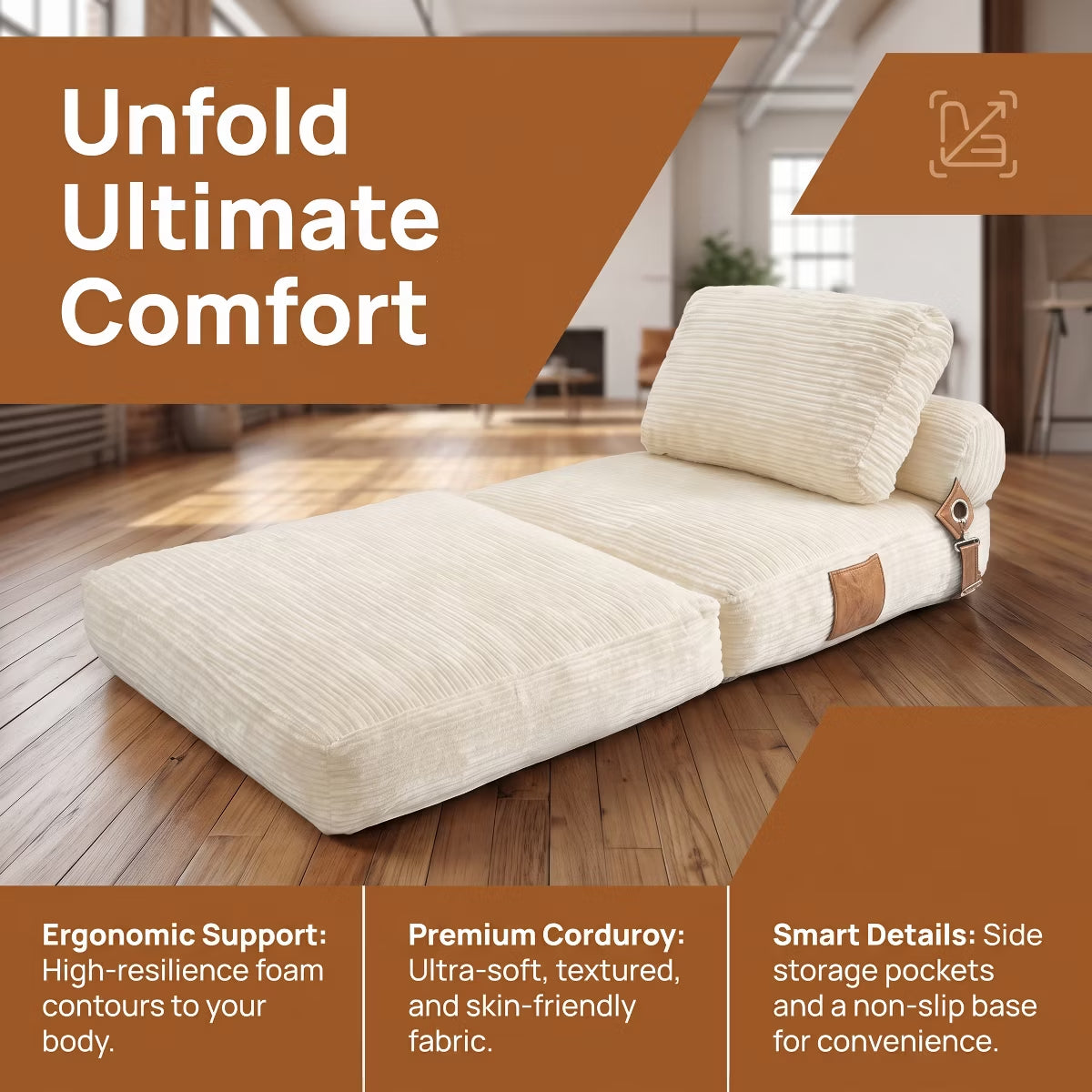 Convertible Sleeper Chair, 3-in-1 Corduroy Fold-Out Guest Bed for Small Spaces