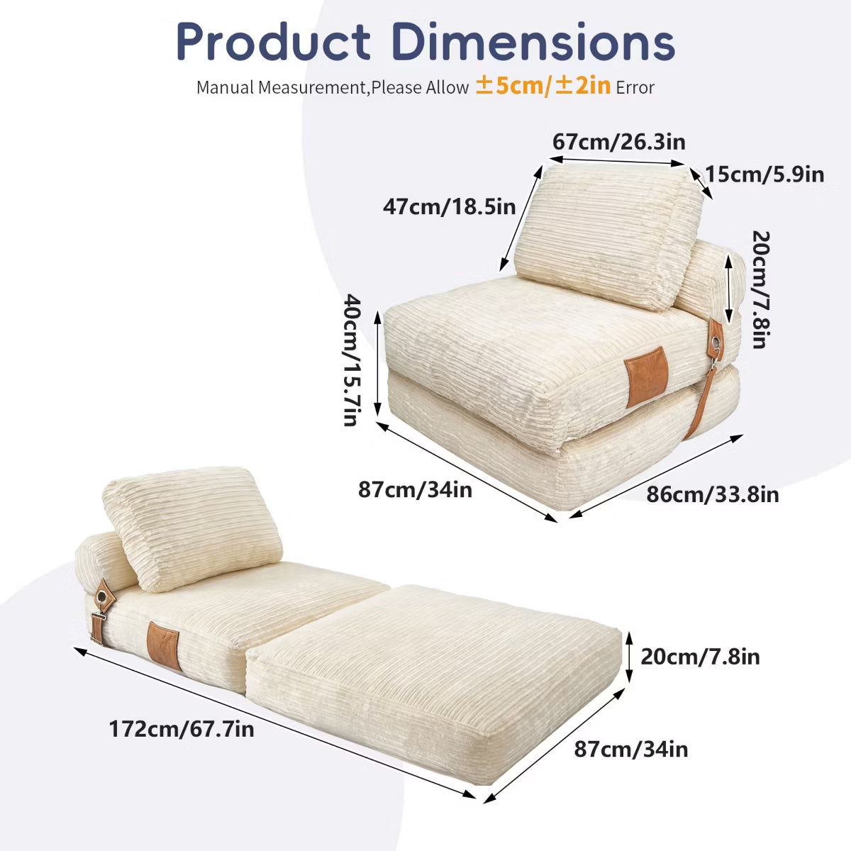 Convertible Sleeper Chair, 3-in-1 Corduroy Fold-Out Guest Bed for Small Spaces