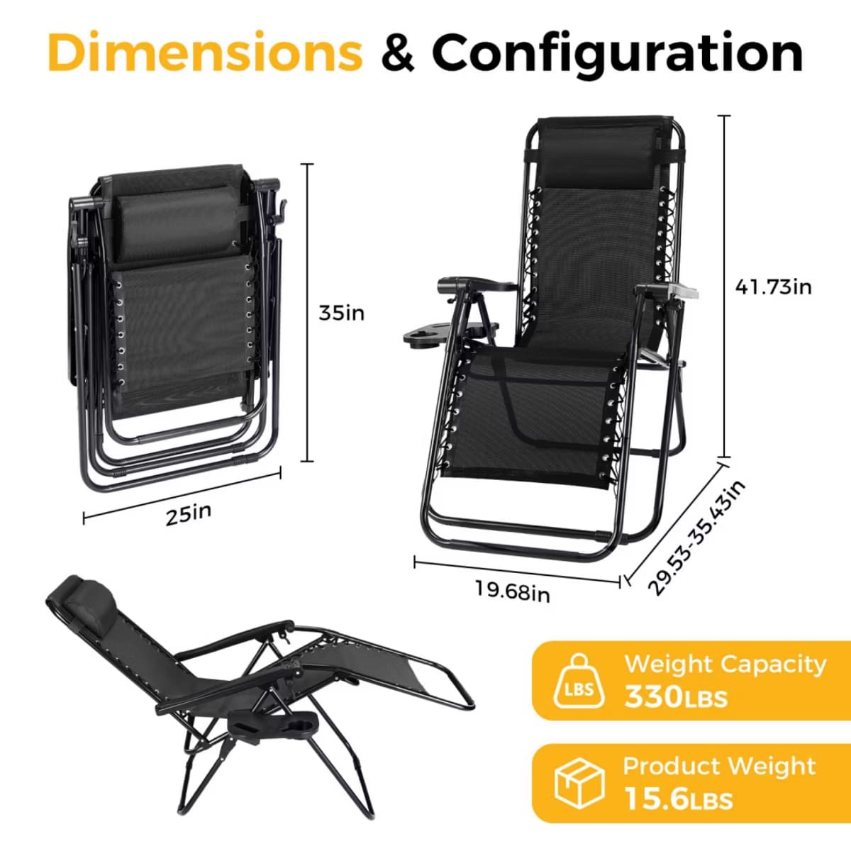 Zero Gravity Chairs with Adjustable Recline & 330-Lb Support