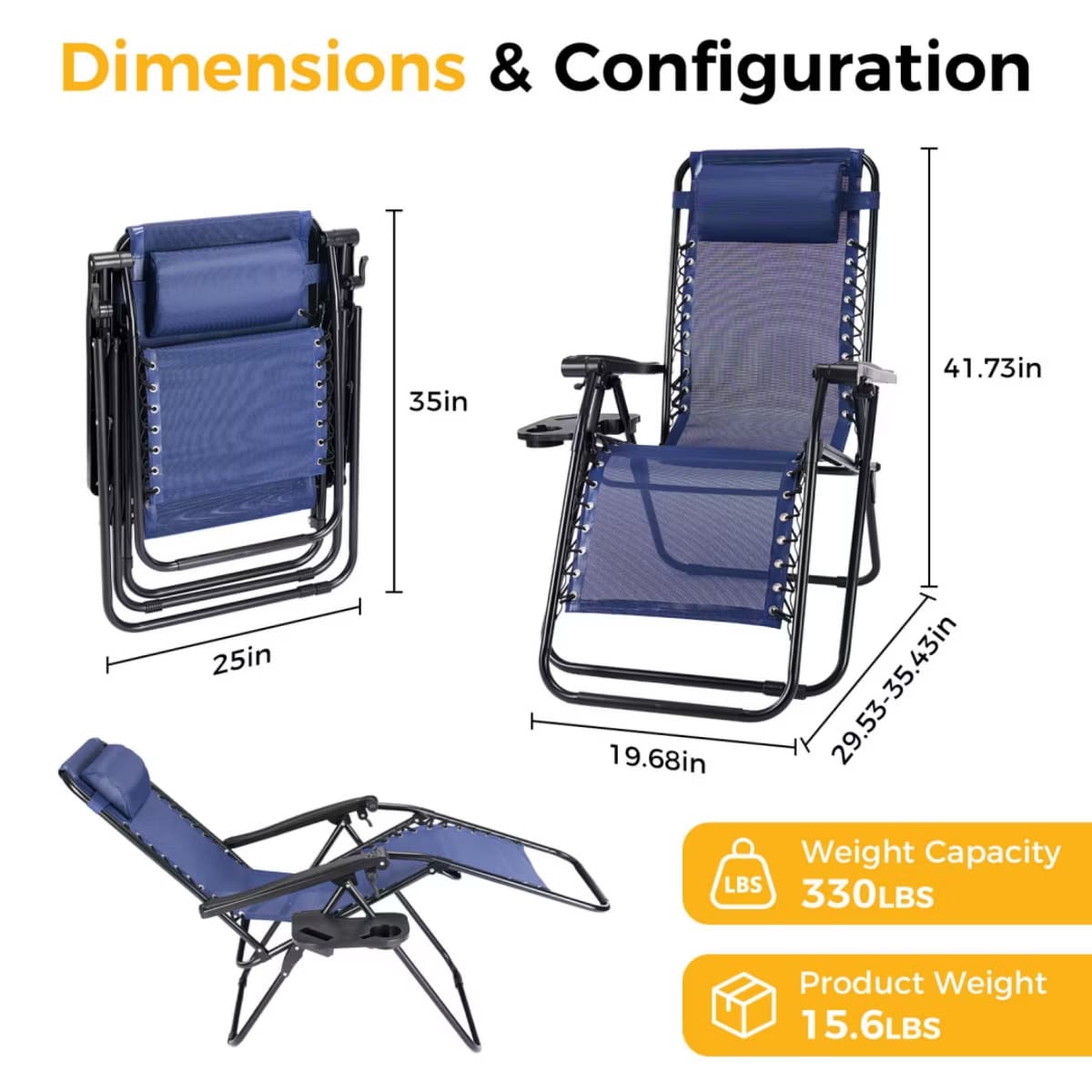 Zero Gravity Chairs with Adjustable Recline & 330-Lb Support