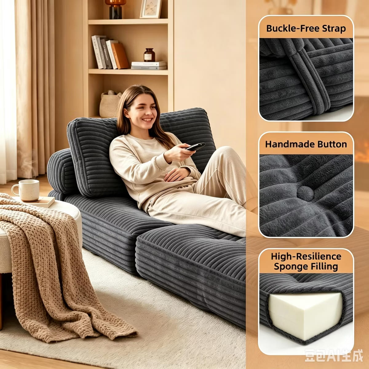 Convertible Sleeper Sofa, 3-in-1 Floor Lounger with Plush Corduroy Comfort