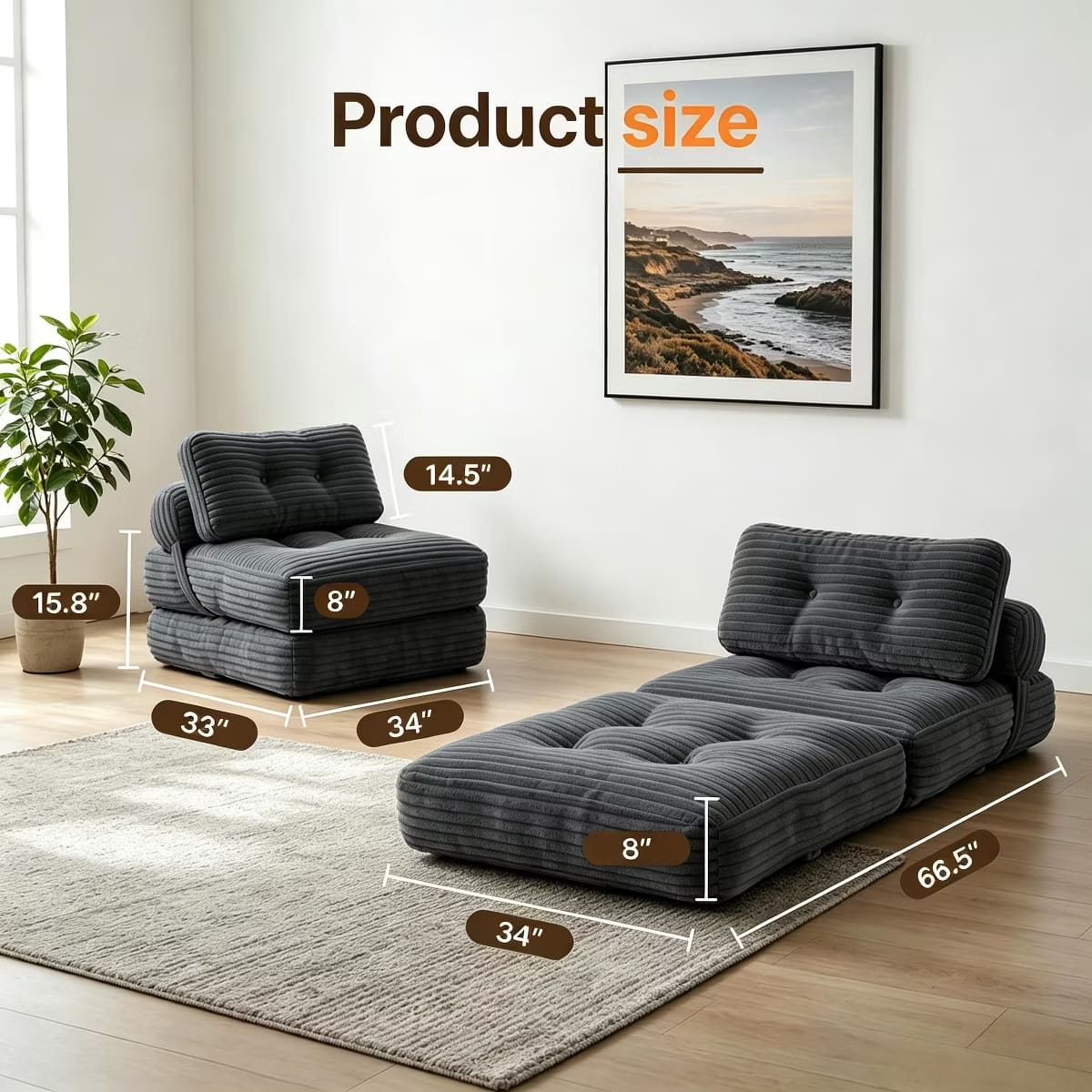 Convertible Sleeper Sofa, 3-in-1 Floor Lounger with Plush Corduroy Comfort