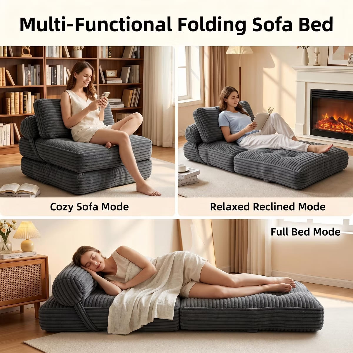 Convertible Sleeper Sofa, 3-in-1 Floor Lounger with Plush Corduroy Comfort