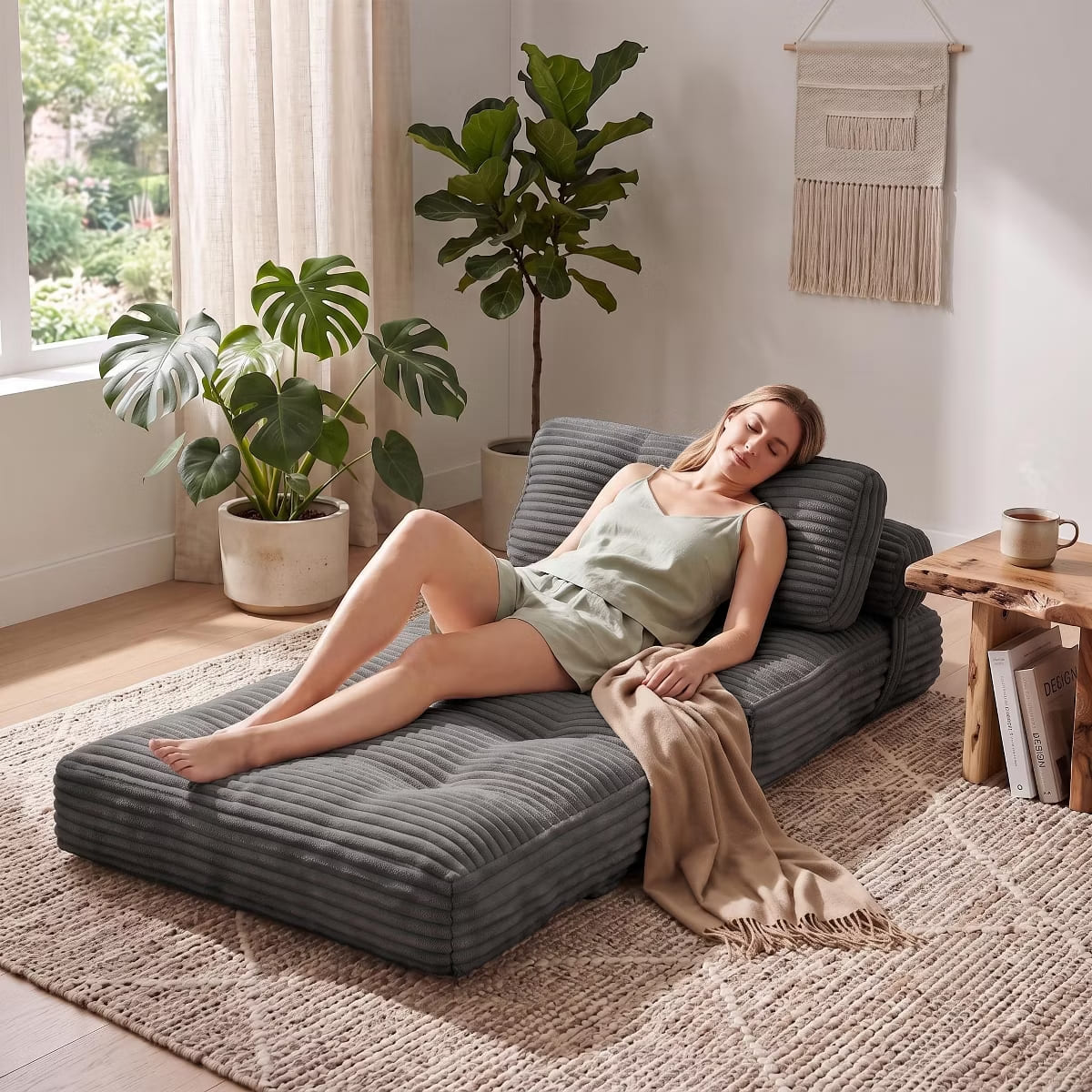 Convertible Sleeper Sofa, 3-in-1 Floor Lounger with Plush Corduroy Comfort