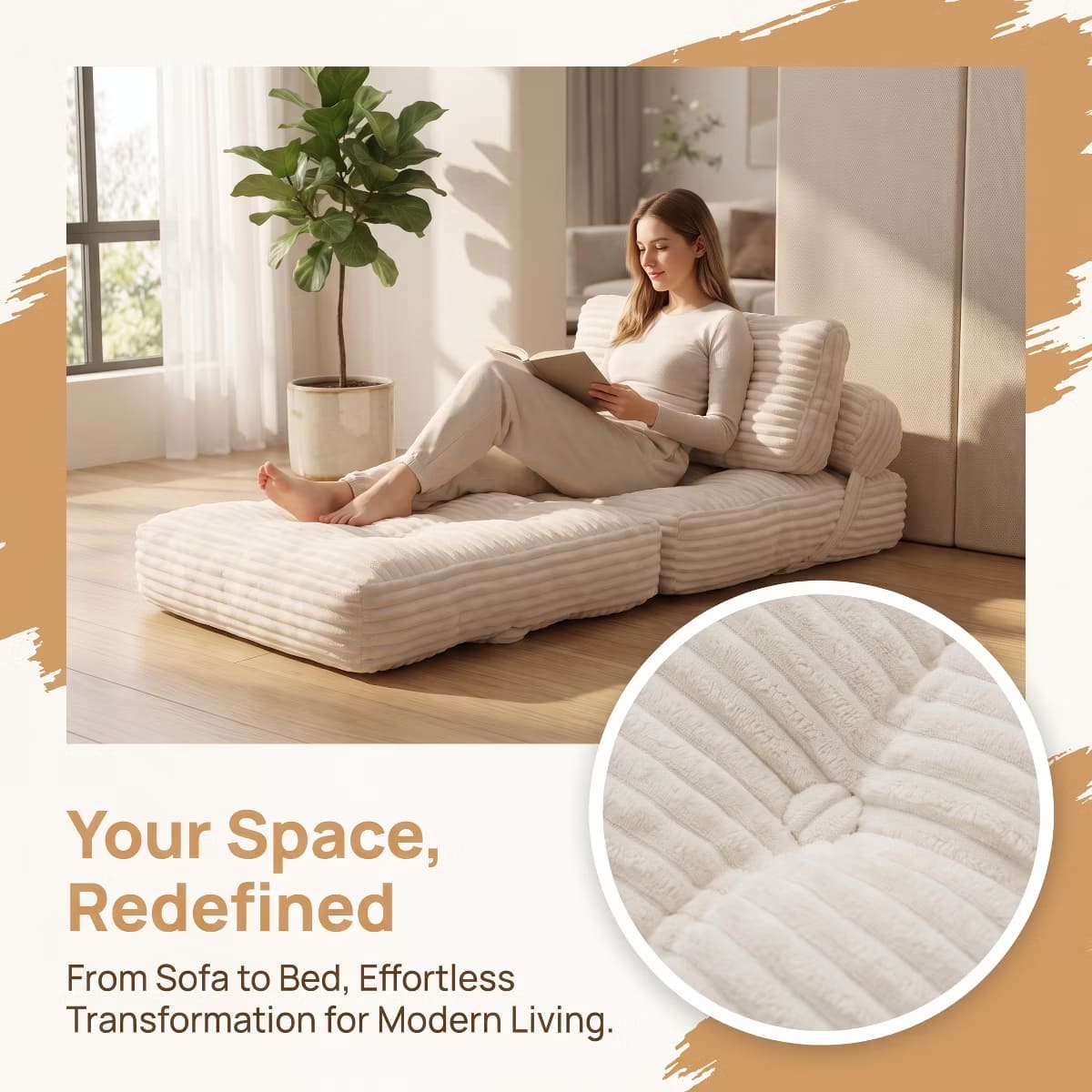 Convertible Sleeper Sofa, 3-in-1 Floor Lounger with Plush Corduroy Comfort