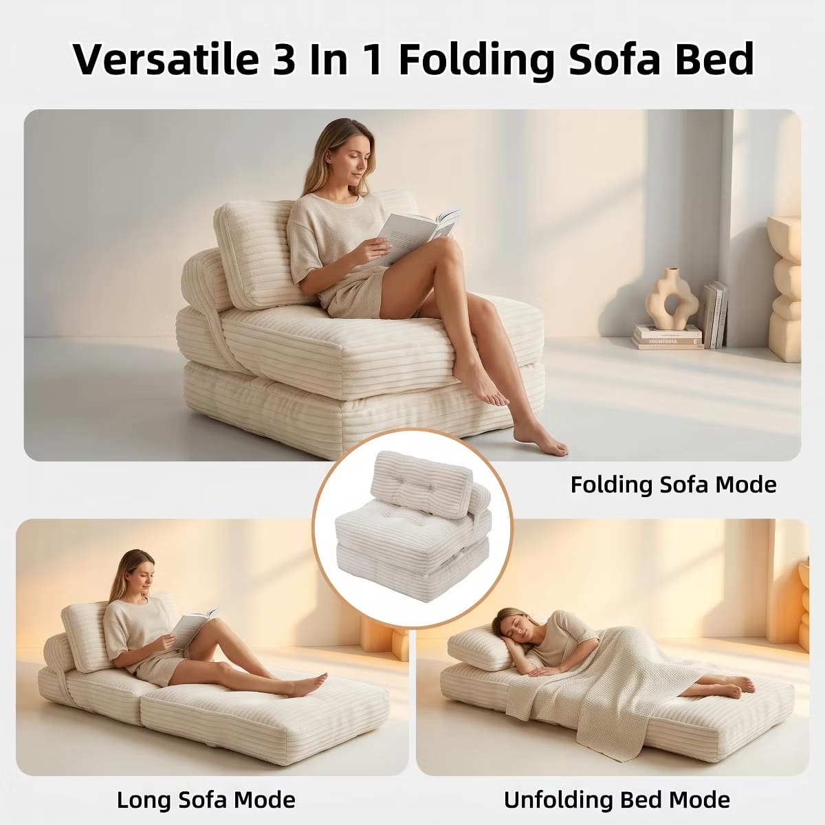 Convertible Sleeper Sofa, 3-in-1 Floor Lounger with Plush Corduroy Comfort
