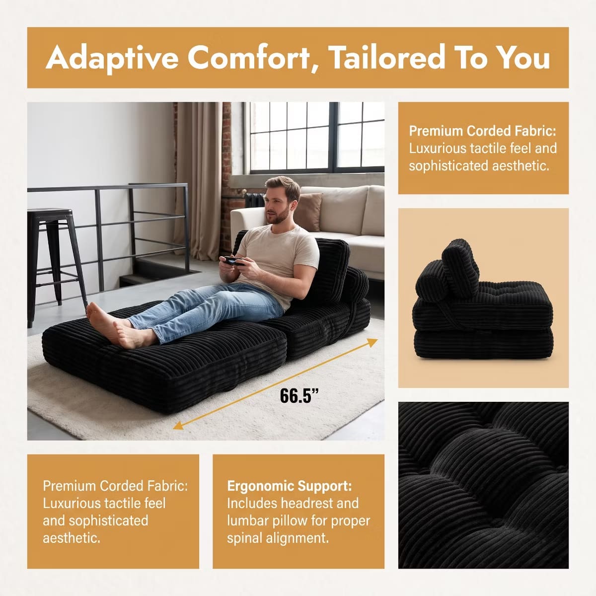 Convertible Sleeper Sofa, 3-in-1 Floor Lounger with Plush Corduroy Comfort