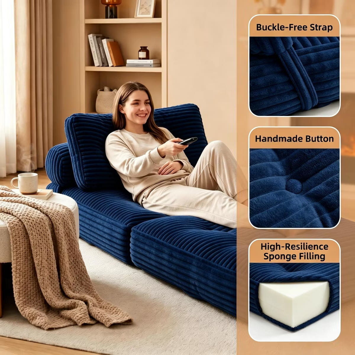 Convertible Sleeper Sofa, 3-in-1 Floor Lounger with Plush Corduroy Comfort