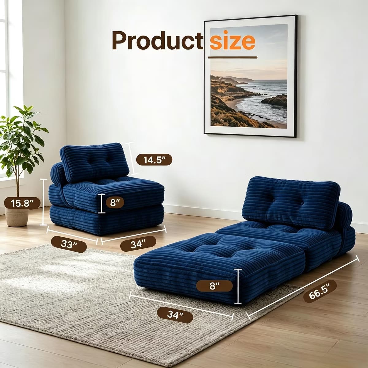 Convertible Sleeper Sofa, 3-in-1 Floor Lounger with Plush Corduroy Comfort