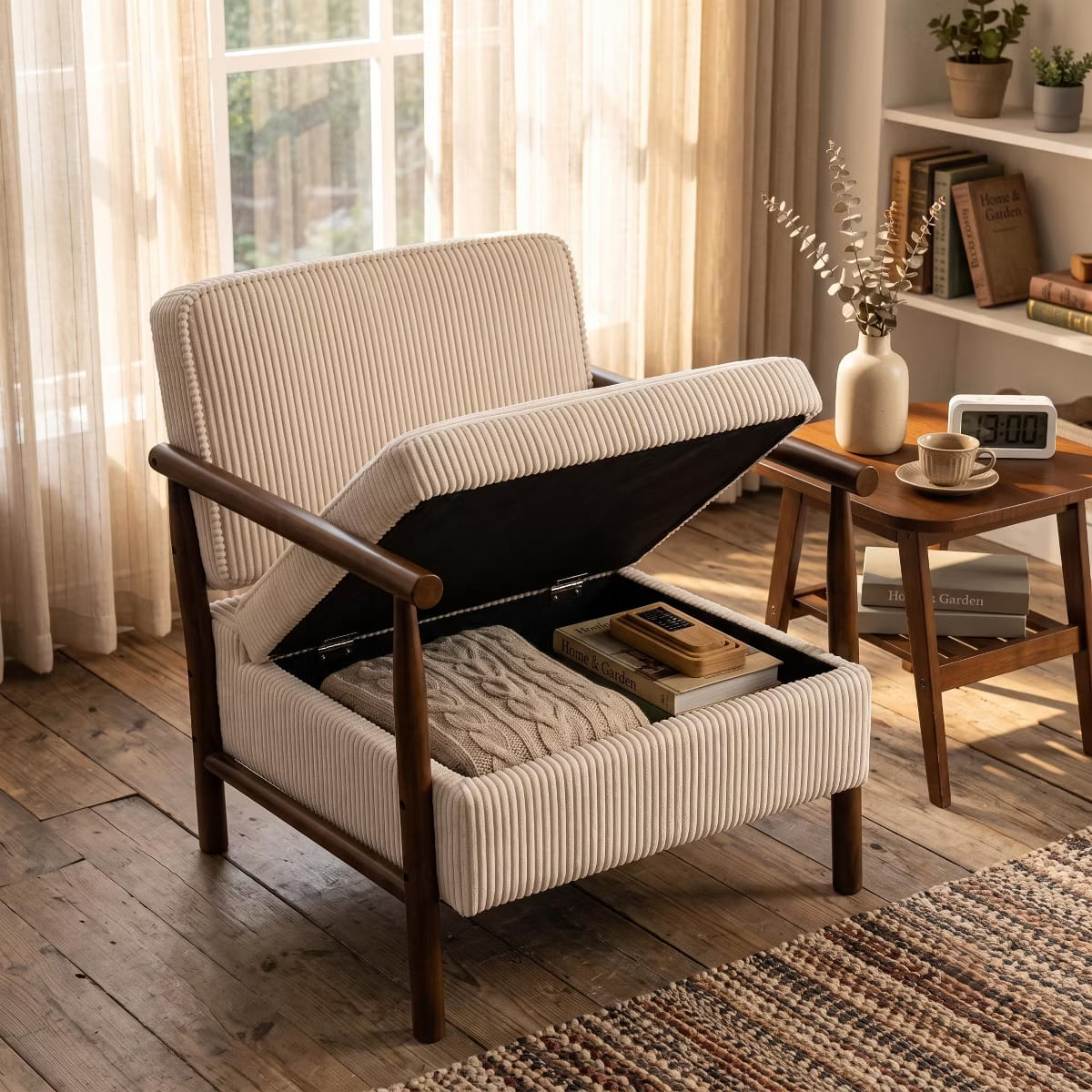 Mid-Century Corduroy Accent Chair with Hidden Storage & Lumbar Pillow
