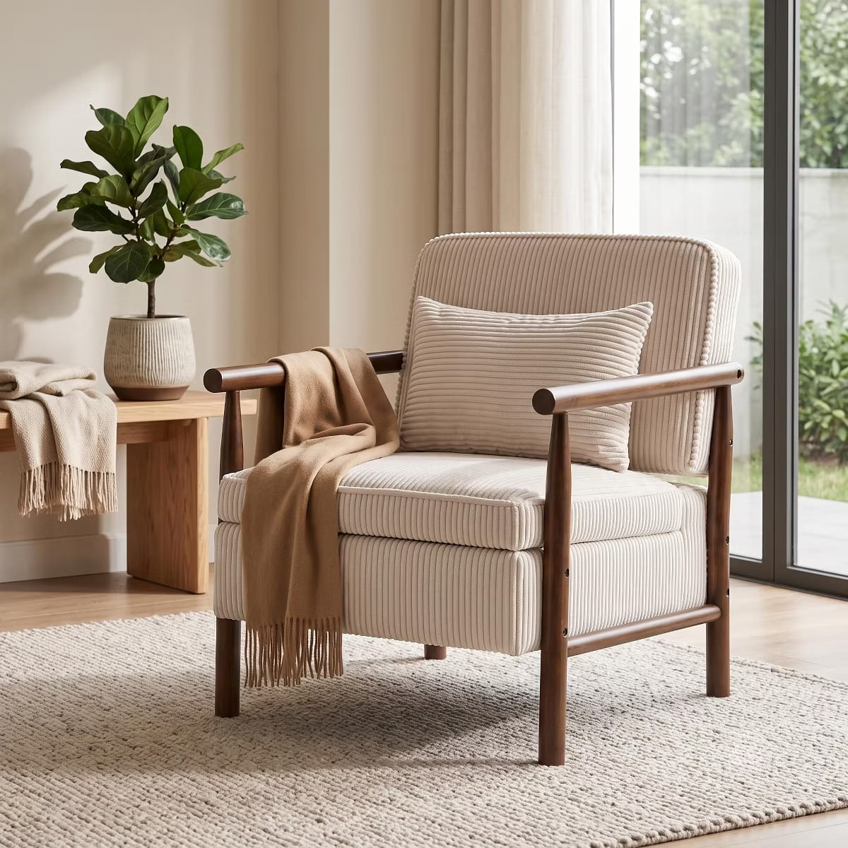 Mid-Century Corduroy Accent Chair with Hidden Storage & Lumbar Pillow