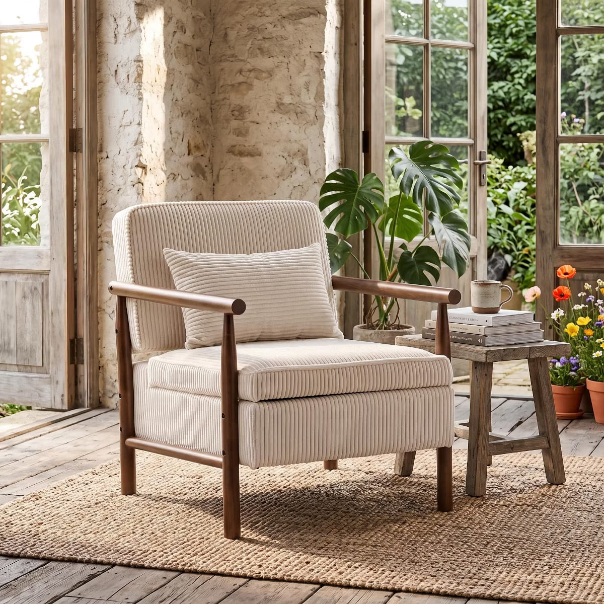 Mid-Century Corduroy Accent Chair with Hidden Storage & Lumbar Pillow