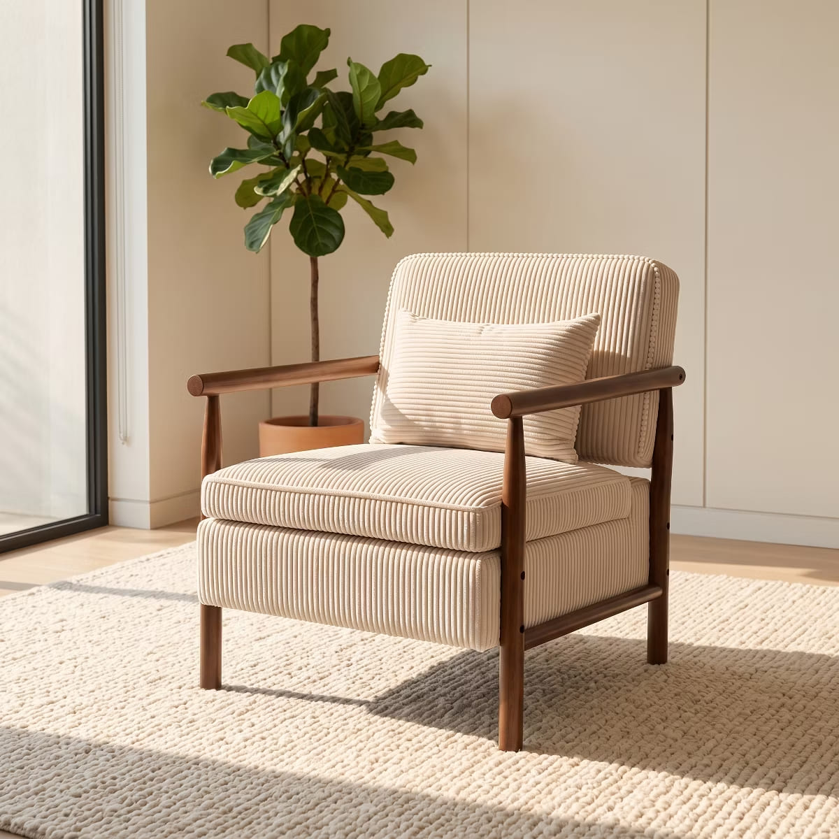 Mid-Century Corduroy Accent Chair with Hidden Storage & Lumbar Pillow