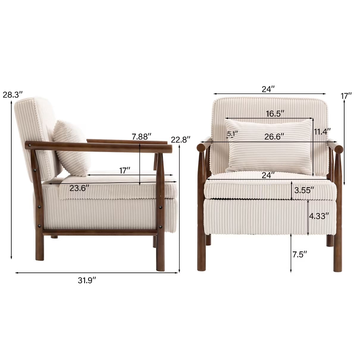 Mid-Century Corduroy Accent Chair with Hidden Storage & Lumbar Pillow