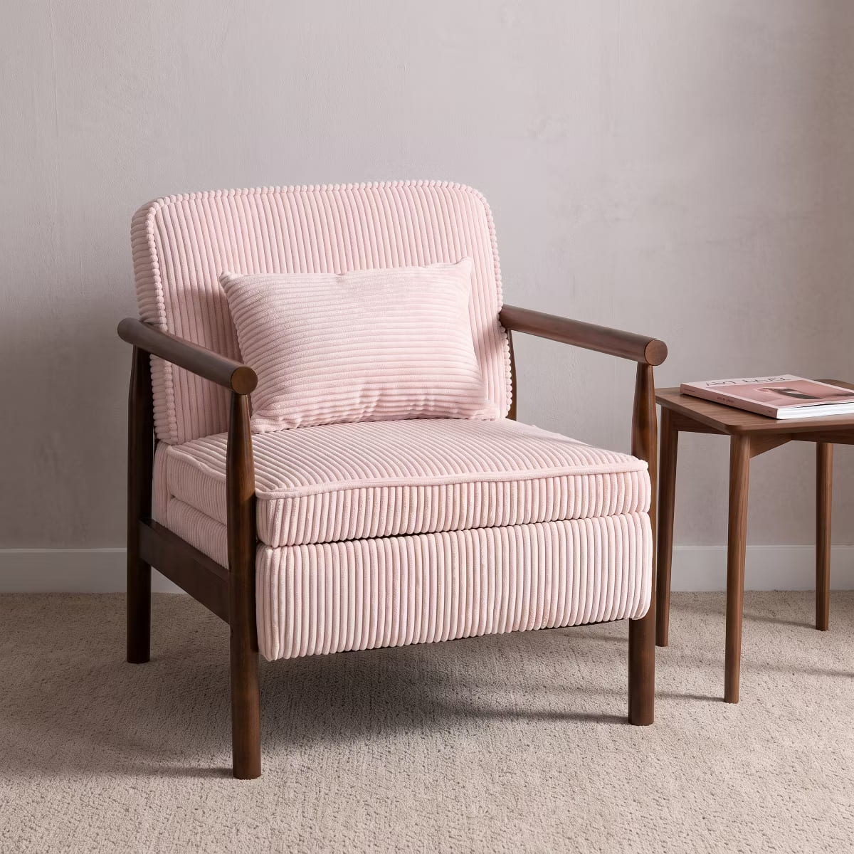 Mid-Century Corduroy Accent Chair with Hidden Storage & Lumbar Pillow