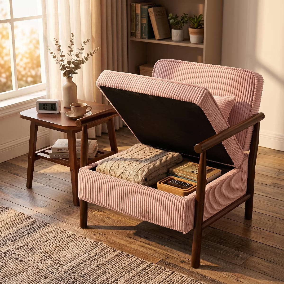 Mid-Century Corduroy Accent Chair with Hidden Storage & Lumbar Pillow