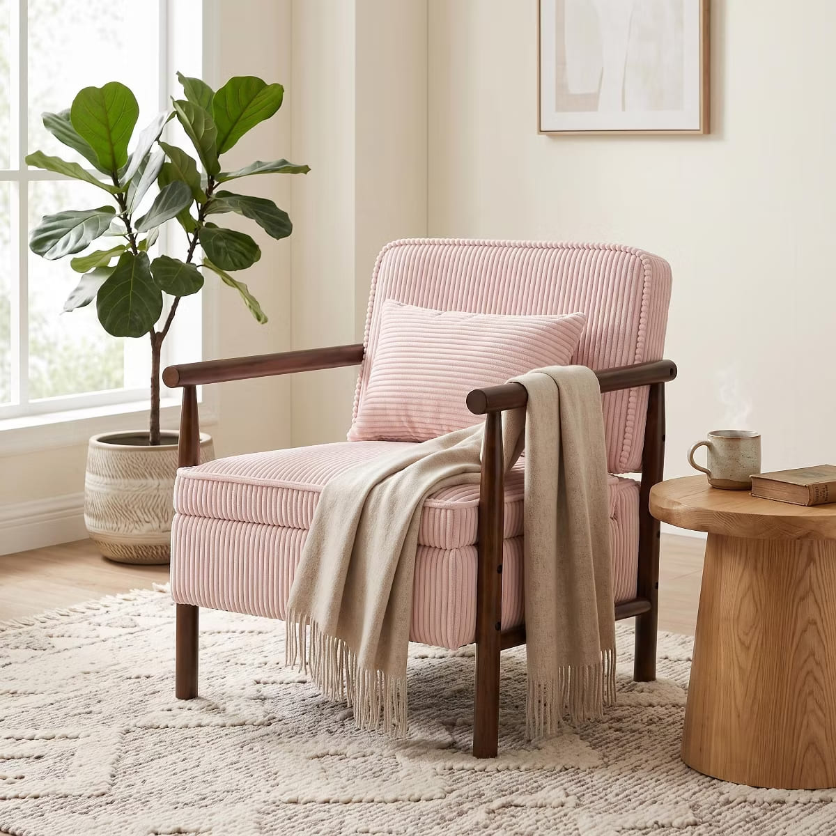 Mid-Century Corduroy Accent Chair with Hidden Storage & Lumbar Pillow