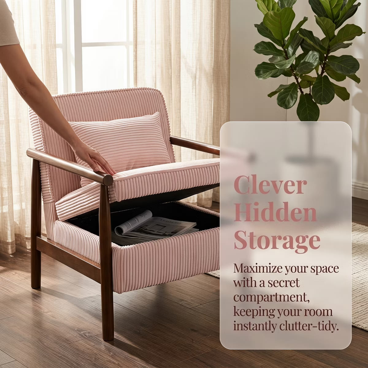 Mid-Century Corduroy Accent Chair with Hidden Storage & Lumbar Pillow