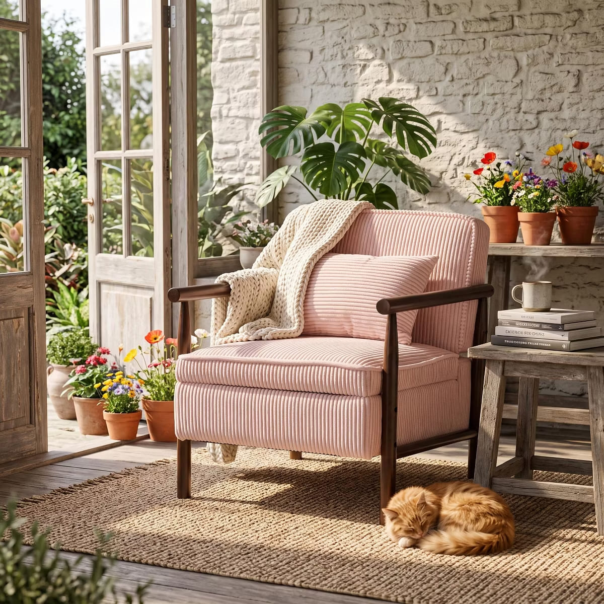 Mid-Century Corduroy Accent Chair with Hidden Storage & Lumbar Pillow