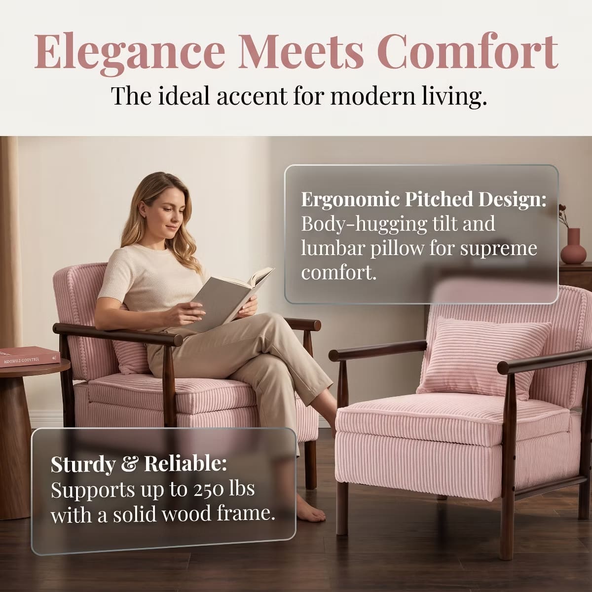 Mid-Century Corduroy Accent Chair with Hidden Storage & Lumbar Pillow