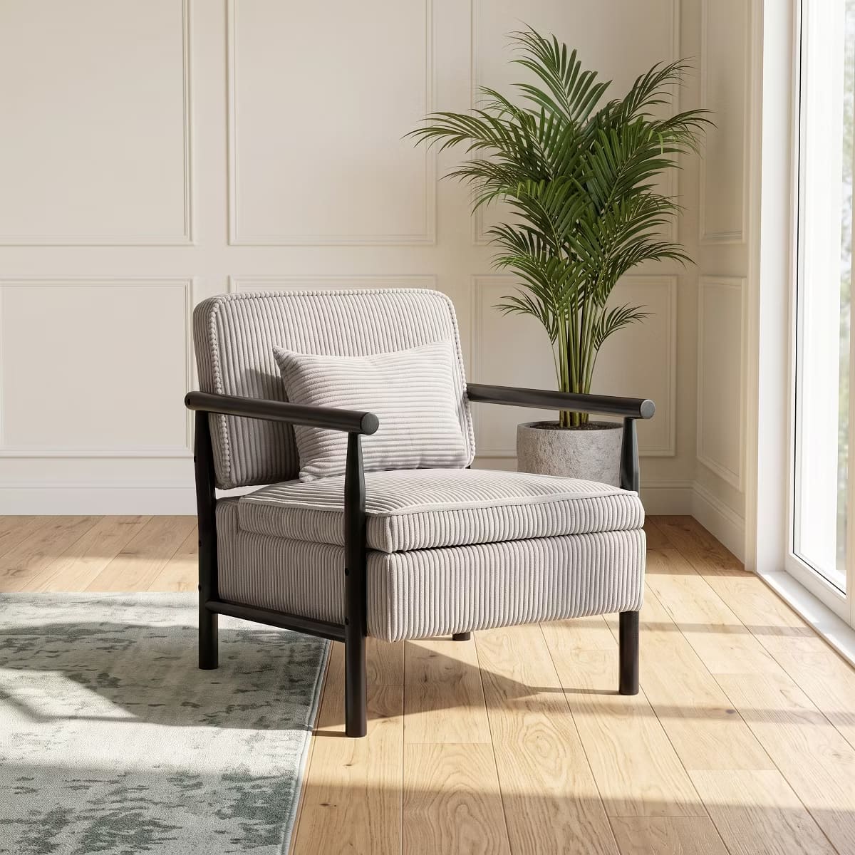 Mid-Century Corduroy Accent Chair with Hidden Storage & Lumbar Pillow