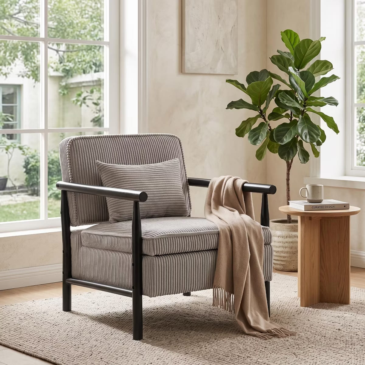 Mid-Century Corduroy Accent Chair with Hidden Storage & Lumbar Pillow