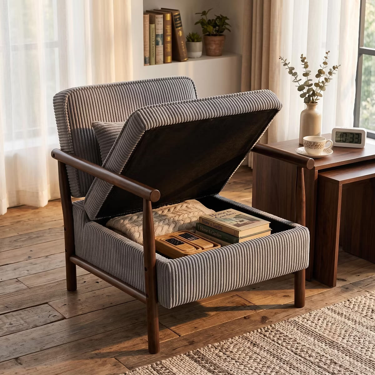 Mid-Century Corduroy Accent Chair with Hidden Storage & Lumbar Pillow