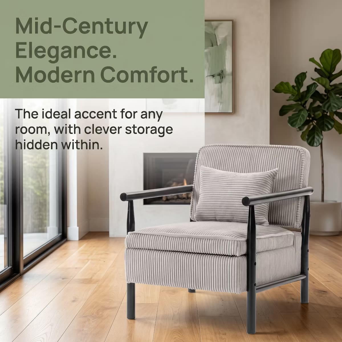 Mid-Century Corduroy Accent Chair with Hidden Storage & Lumbar Pillow