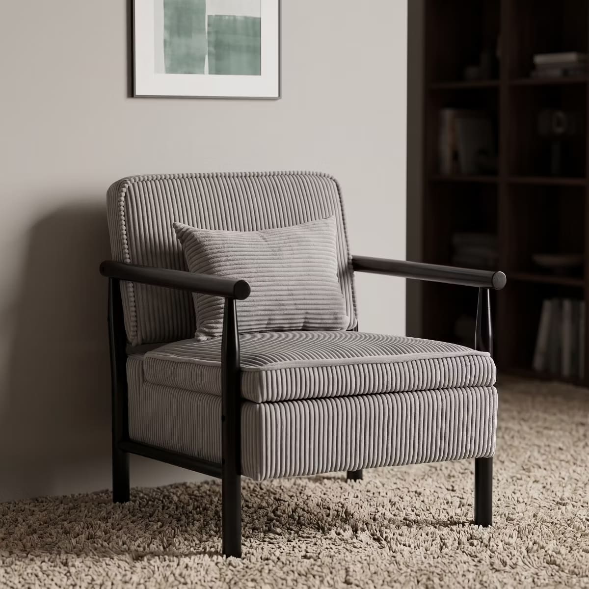 Mid-Century Corduroy Accent Chair with Hidden Storage & Lumbar Pillow