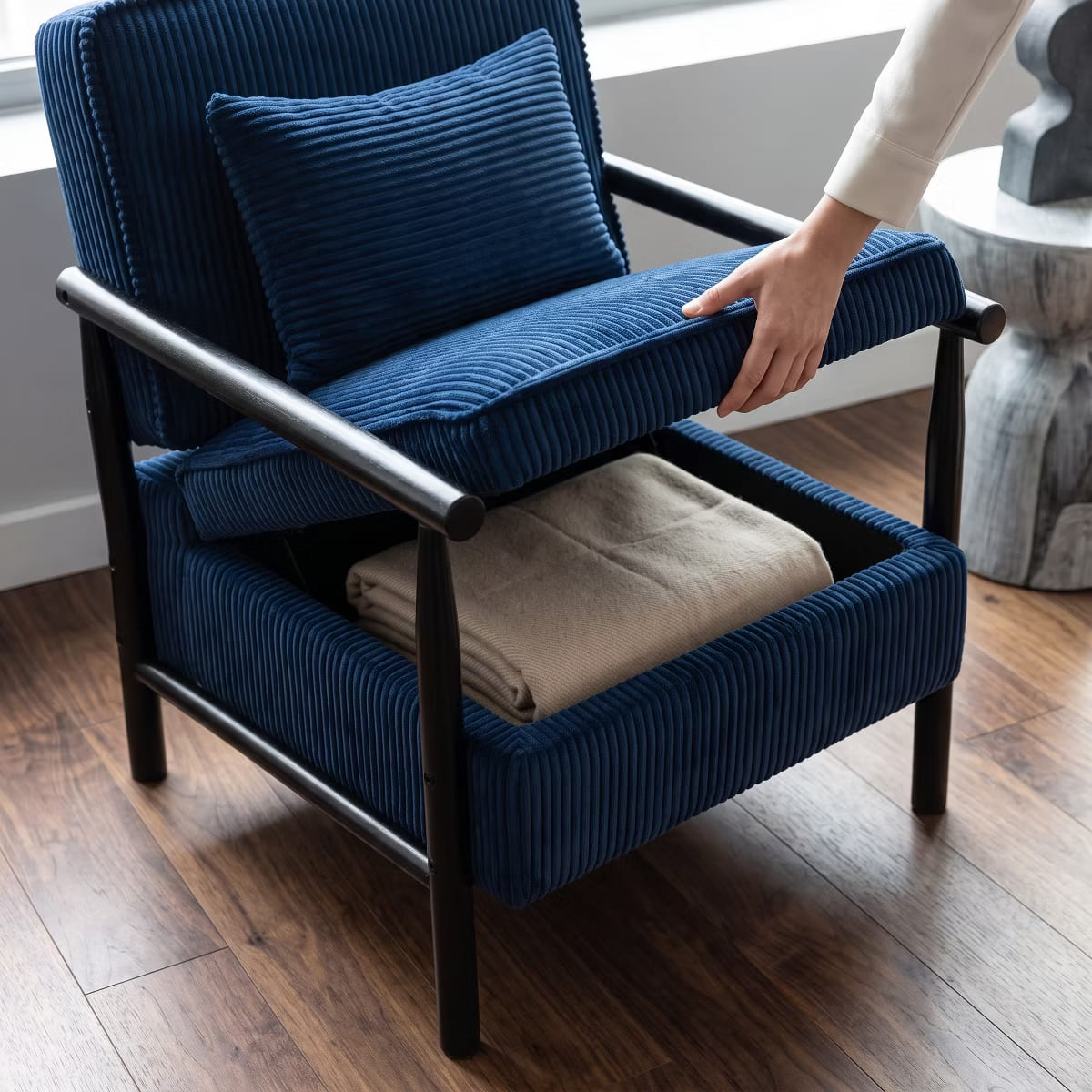 Mid-Century Corduroy Accent Chair with Hidden Storage & Lumbar Pillow