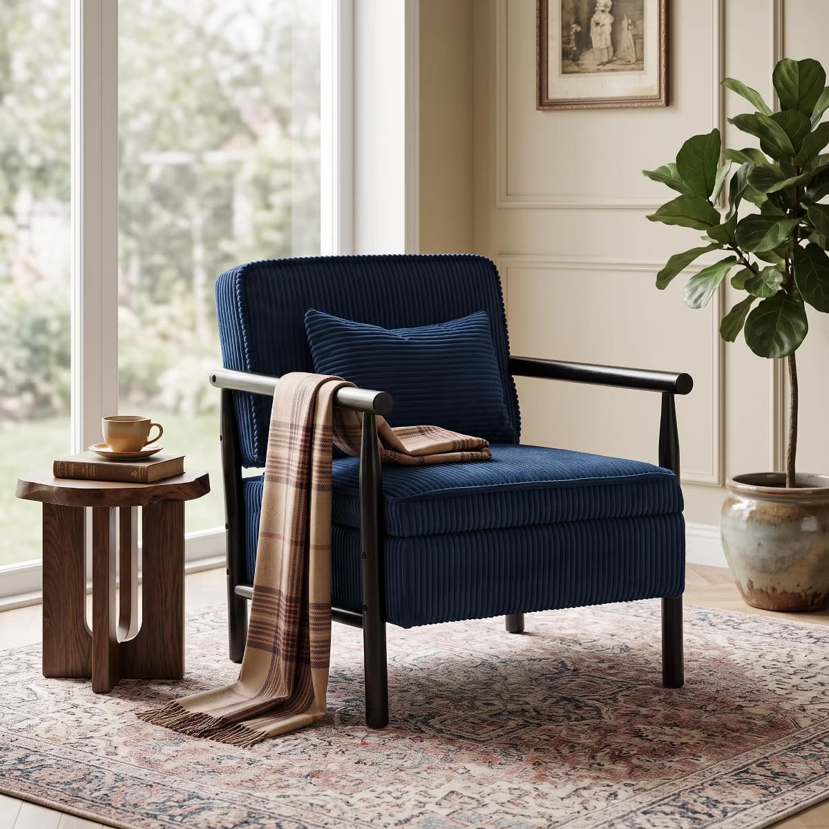 Mid-Century Corduroy Accent Chair with Hidden Storage & Lumbar Pillow
