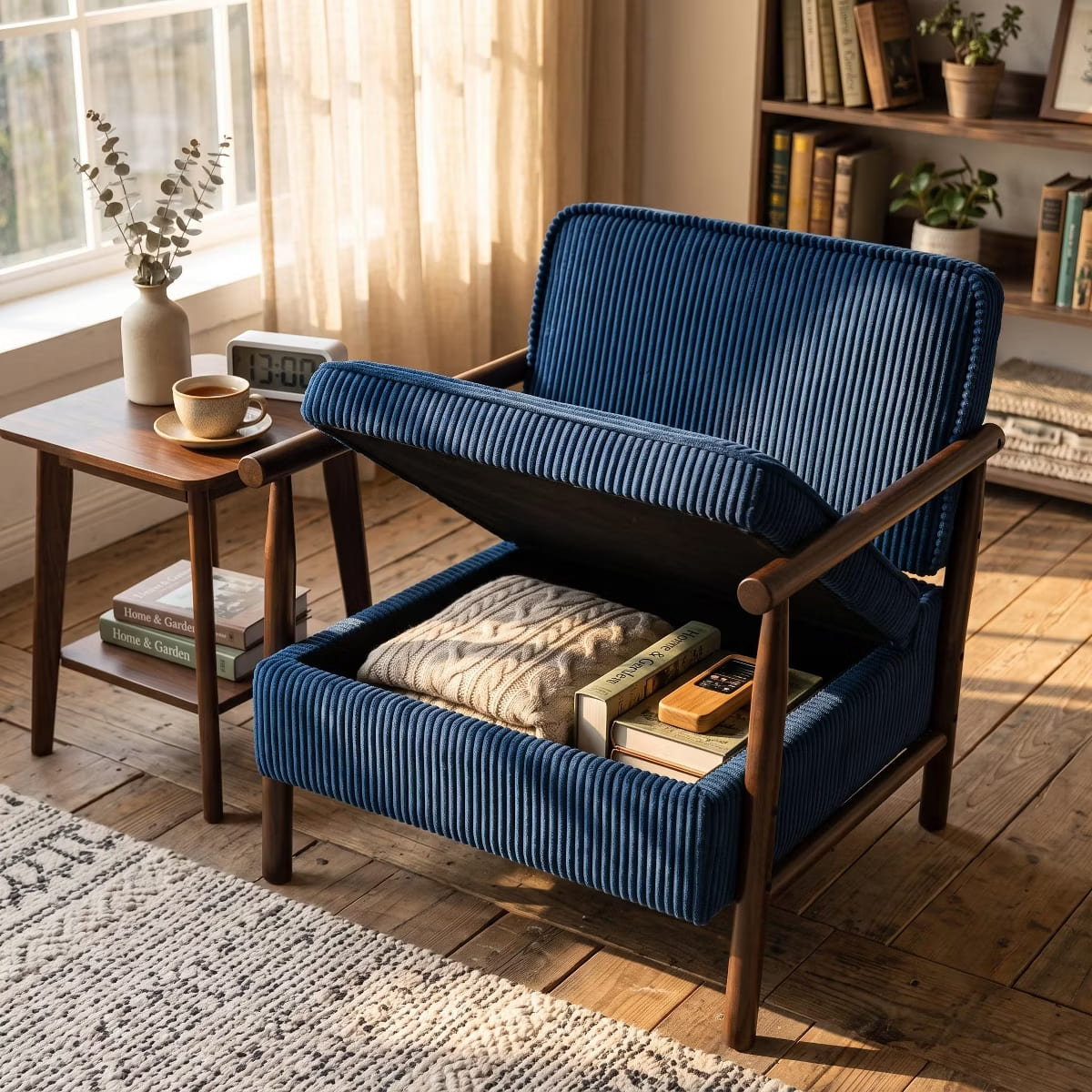 Mid-Century Corduroy Accent Chair with Hidden Storage & Lumbar Pillow