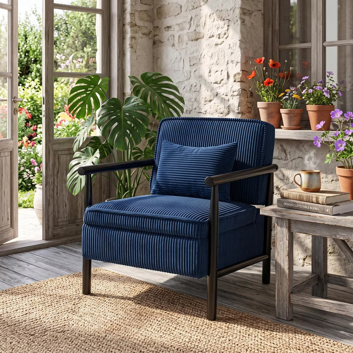 Mid-Century Corduroy Accent Chair with Hidden Storage & Lumbar Pillow