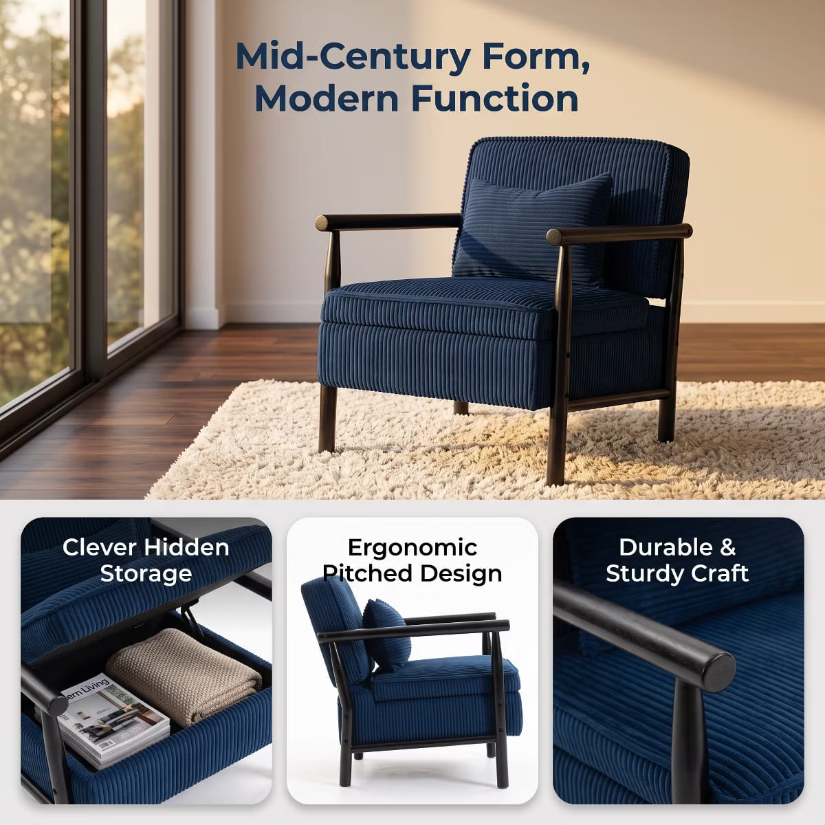 Mid-Century Corduroy Accent Chair with Hidden Storage & Lumbar Pillow