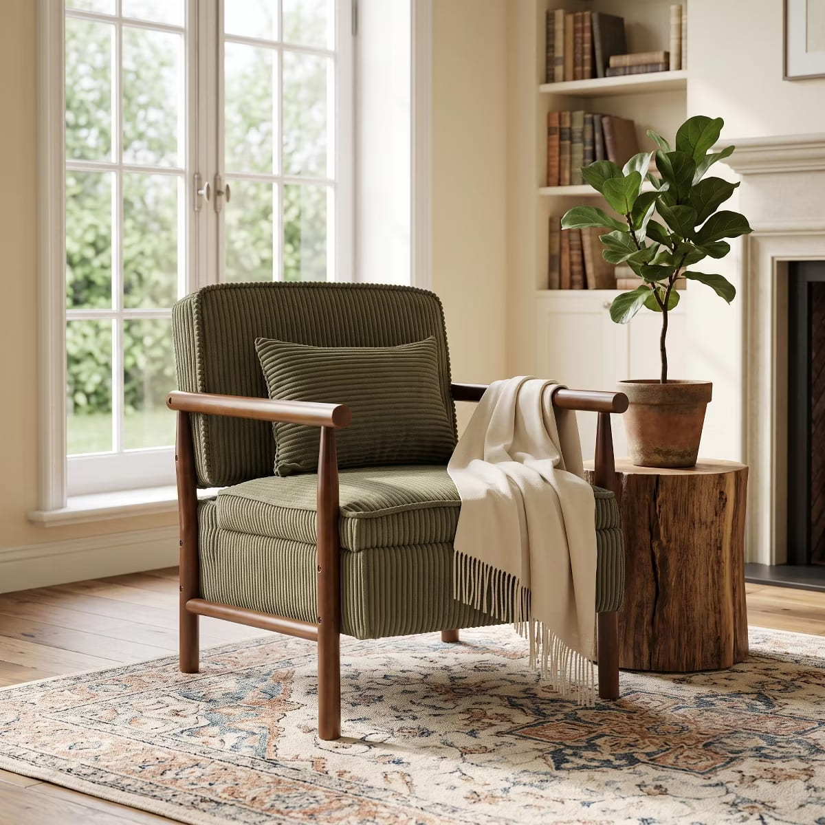 Mid-Century Corduroy Accent Chair with Hidden Storage & Lumbar Pillow