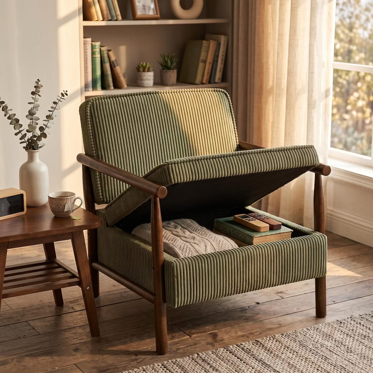 Mid-Century Corduroy Accent Chair with Hidden Storage & Lumbar Pillow