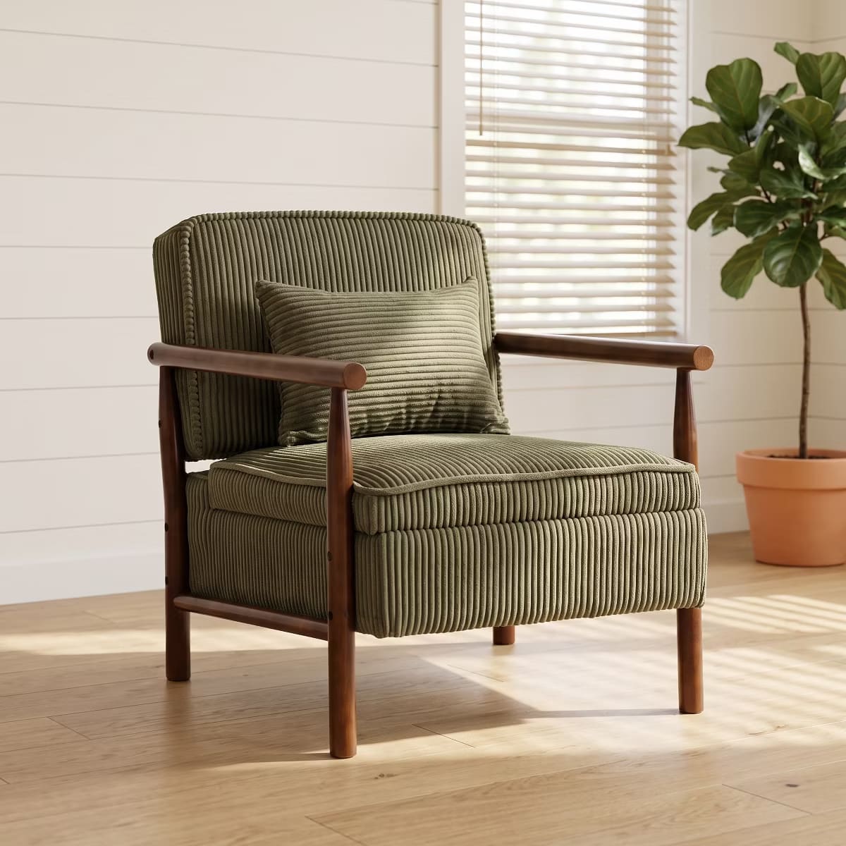 Mid-Century Corduroy Accent Chair with Hidden Storage & Lumbar Pillow