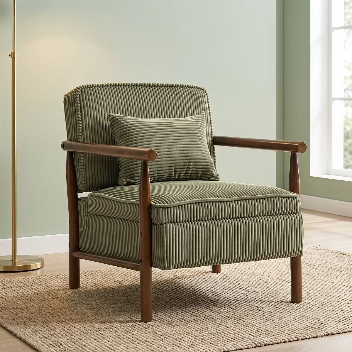 Mid-Century Corduroy Accent Chair with Hidden Storage & Lumbar Pillow