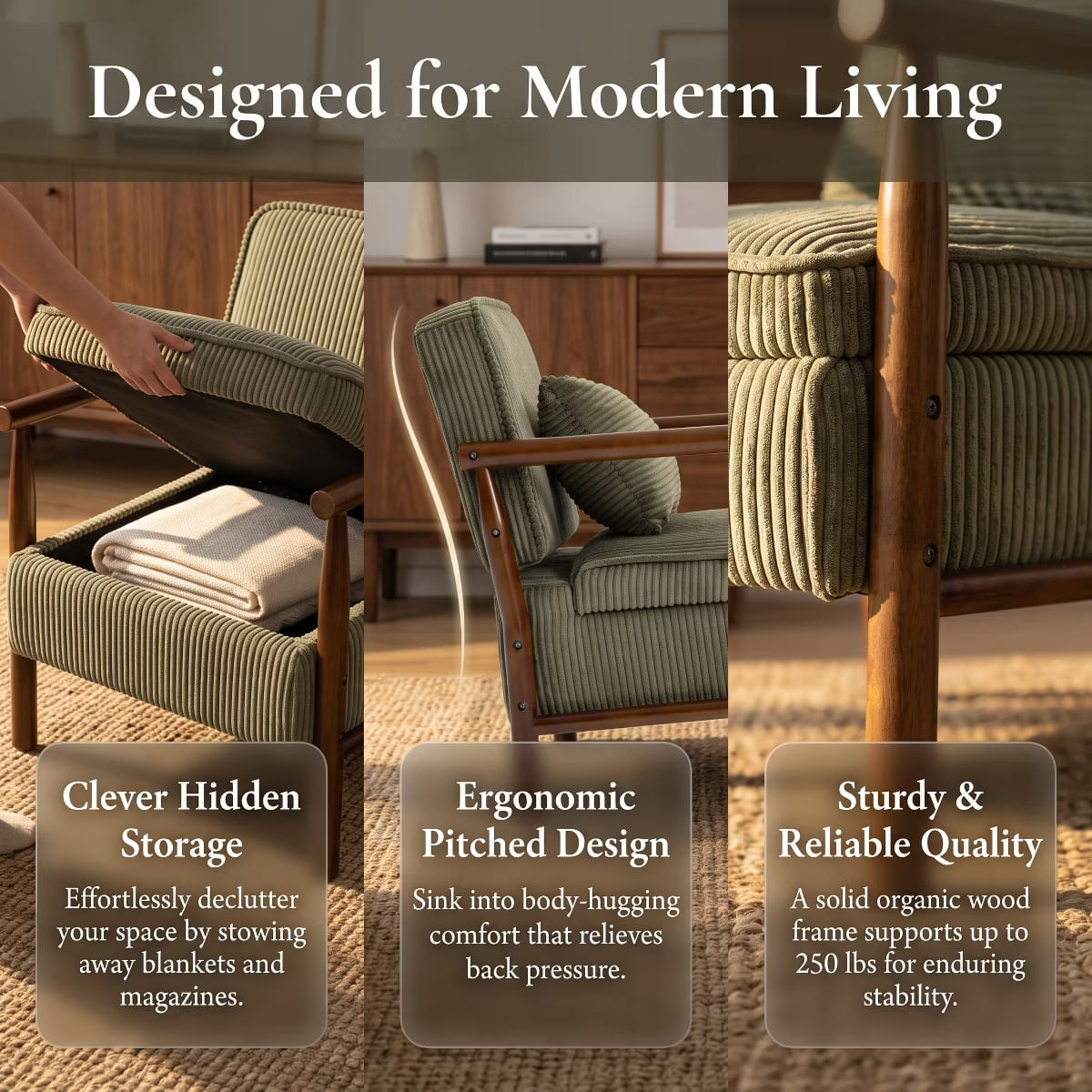 Mid-Century Corduroy Accent Chair with Hidden Storage & Lumbar Pillow