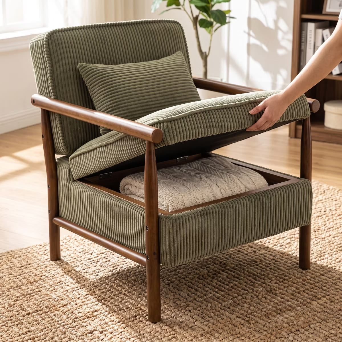 Mid-Century Corduroy Accent Chair with Hidden Storage & Lumbar Pillow