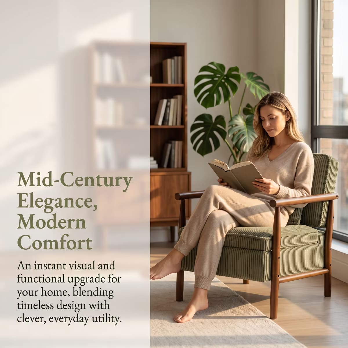 Mid-Century Corduroy Accent Chair with Hidden Storage & Lumbar Pillow