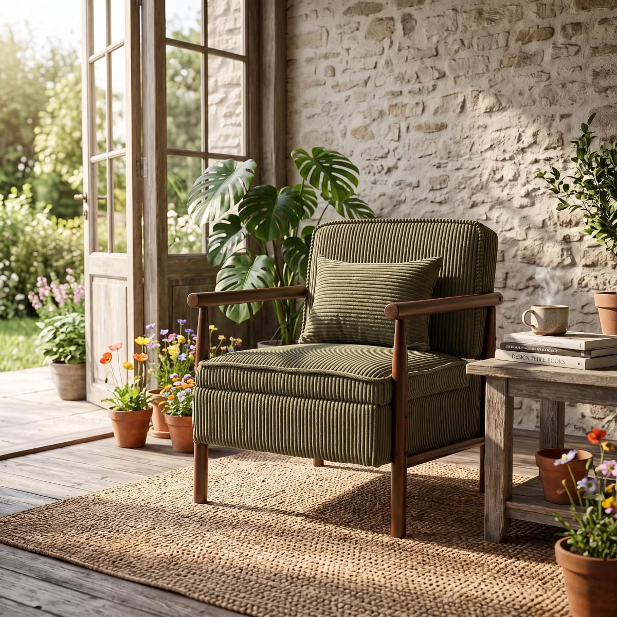 Mid-Century Corduroy Accent Chair with Hidden Storage & Lumbar Pillow
